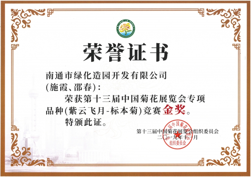 十三屆中國菊花展覽會專項品種（紫云飛月-標本菊）競賽金獎（施霞、邵春）